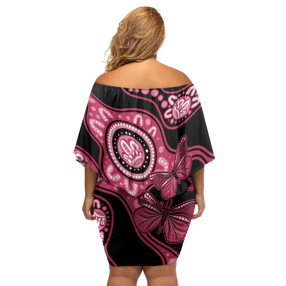 Australia Indigenous Family Matching Off Shoulder Short Dress and Hawaiian Shirt Breast Cancer Black Aboriginal Butterfly