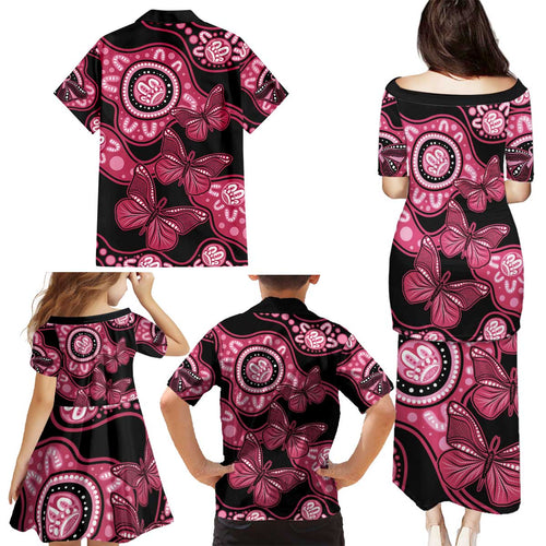 Australia Indigenous Family Matching Puletasi and Hawaiian Shirt Breast Cancer Black Aboriginal Butterfly