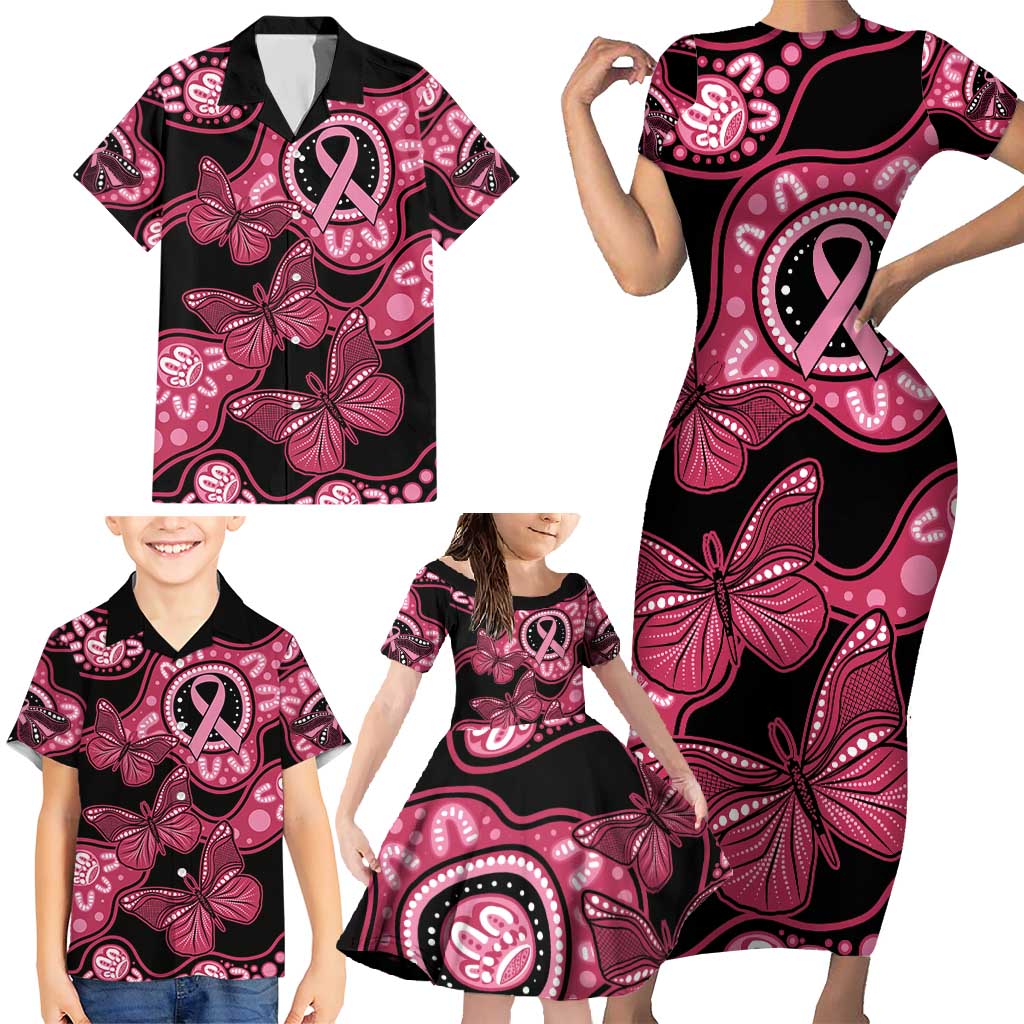 Australia Indigenous Family Matching Short Sleeve Bodycon Dress and Hawaiian Shirt Breast Cancer Black Aboriginal Butterfly