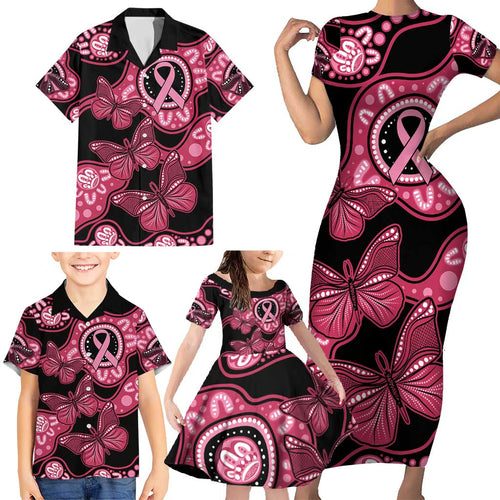 Australia Indigenous Family Matching Short Sleeve Bodycon Dress and Hawaiian Shirt Breast Cancer Black Aboriginal Butterfly