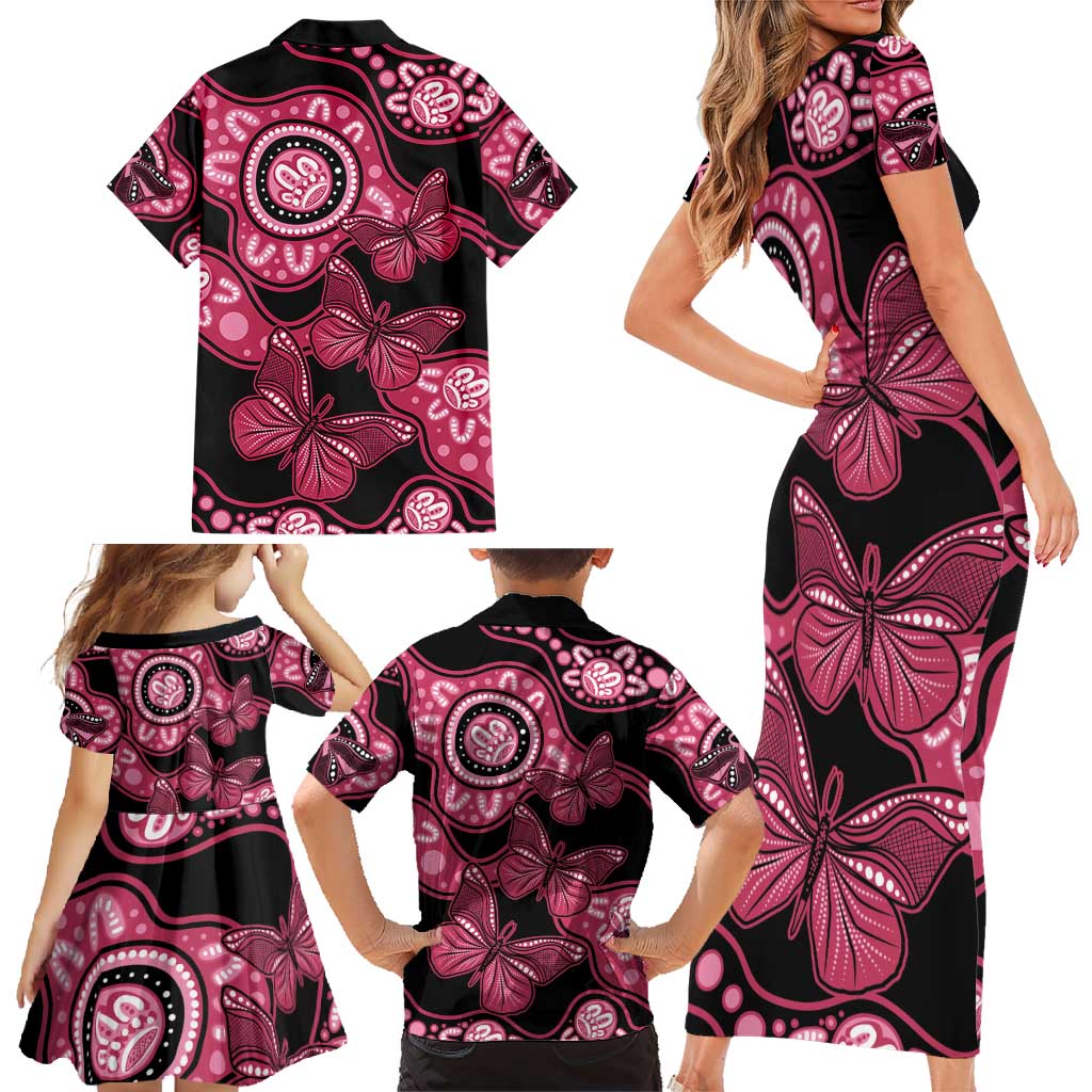 Australia Indigenous Family Matching Short Sleeve Bodycon Dress and Hawaiian Shirt Breast Cancer Black Aboriginal Butterfly