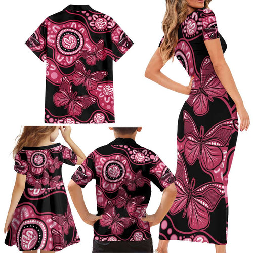 Australia Indigenous Family Matching Short Sleeve Bodycon Dress and Hawaiian Shirt Breast Cancer Black Aboriginal Butterfly