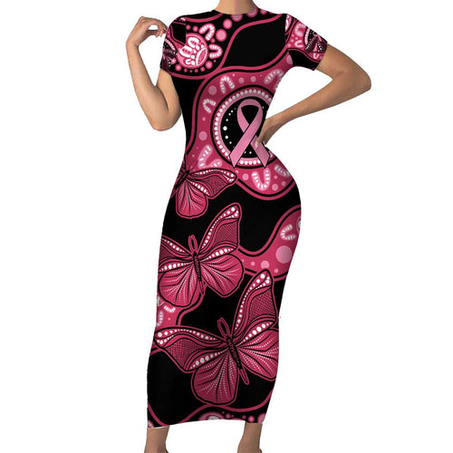 Australia Indigenous Family Matching Short Sleeve Bodycon Dress and Hawaiian Shirt Breast Cancer Black Aboriginal Butterfly