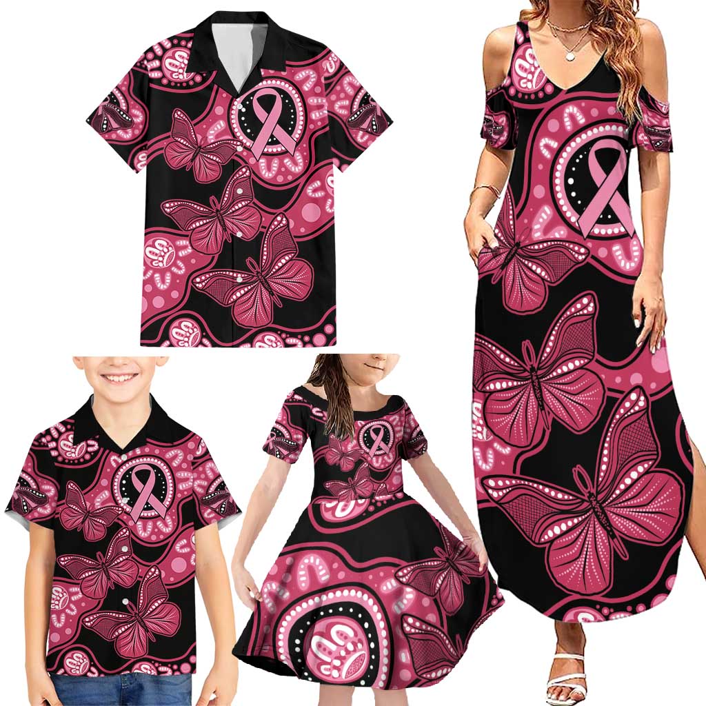 Australia Indigenous Family Matching Summer Maxi Dress and Hawaiian Shirt Breast Cancer Black Aboriginal Butterfly