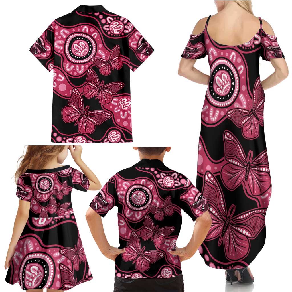 Australia Indigenous Family Matching Summer Maxi Dress and Hawaiian Shirt Breast Cancer Black Aboriginal Butterfly