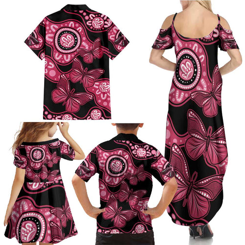 Australia Indigenous Family Matching Summer Maxi Dress and Hawaiian Shirt Breast Cancer Black Aboriginal Butterfly