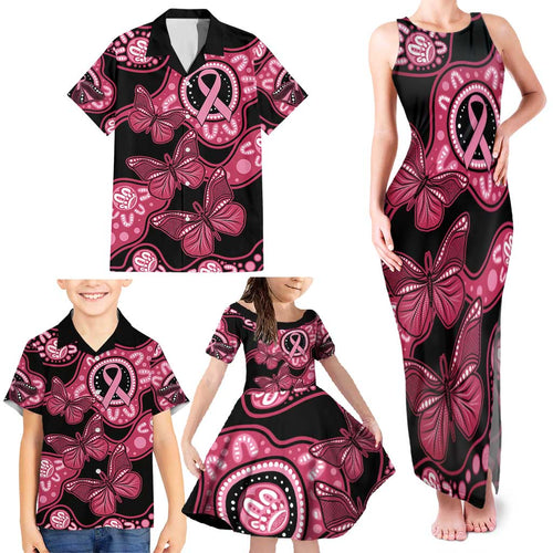 Australia Indigenous Family Matching Tank Maxi Dress and Hawaiian Shirt Breast Cancer Black Aboriginal Butterfly