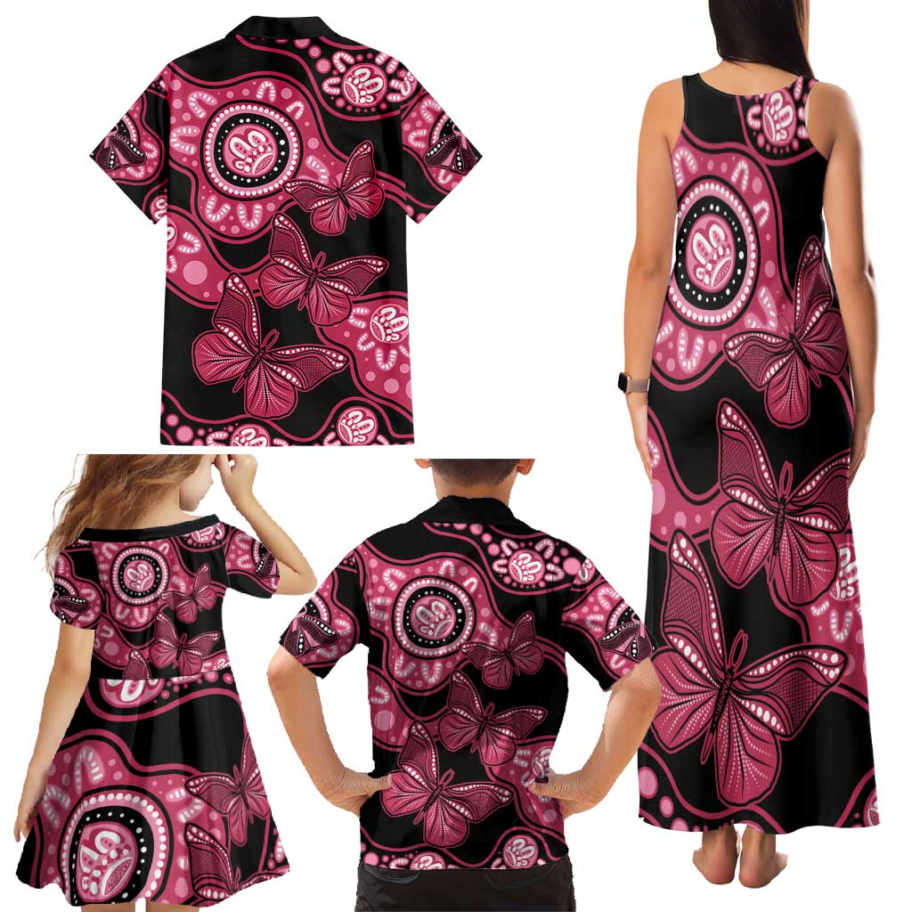 Australia Indigenous Family Matching Tank Maxi Dress and Hawaiian Shirt Breast Cancer Black Aboriginal Butterfly