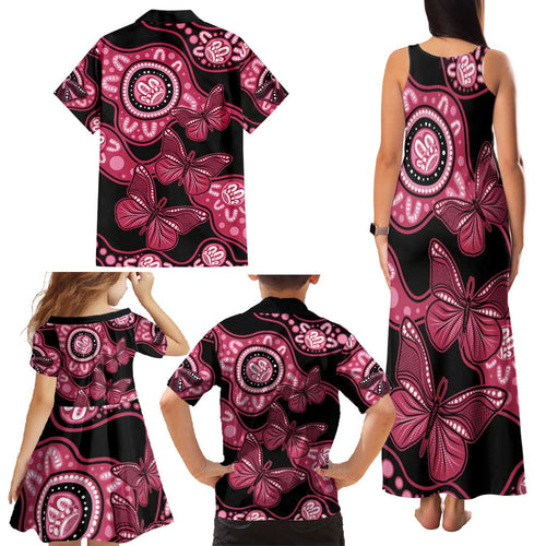 Australia Indigenous Family Matching Tank Maxi Dress and Hawaiian Shirt Breast Cancer Black Aboriginal Butterfly