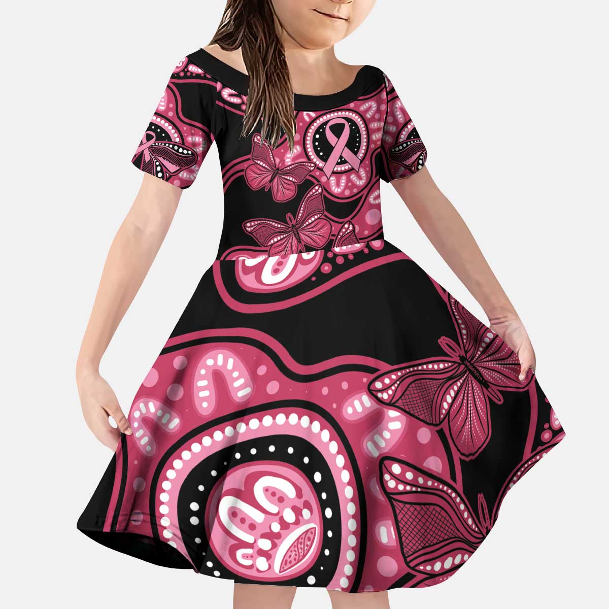 Australia Indigenous Kid Short Sleeve Dress Breast Cancer Black Aboriginal Butterfly