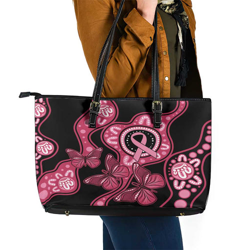 Australia Indigenous Leather Tote Bag Breast Cancer Black Aboriginal Butterfly