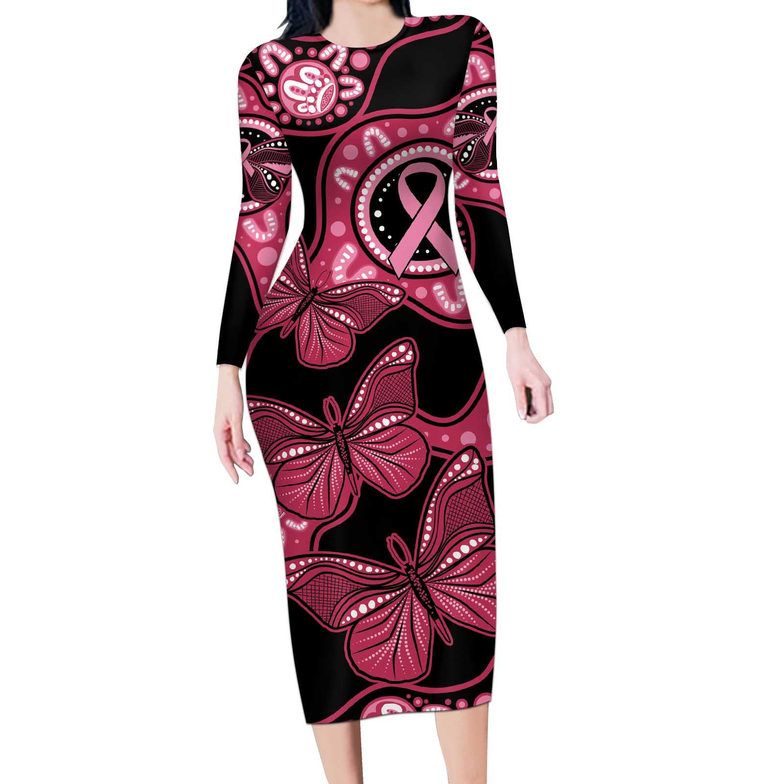 Australia Indigenous Long Sleeve Bodycon Dress Breast Cancer Black Aboriginal Butterfly