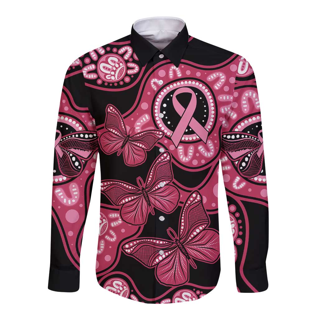 Australia Indigenous Long Sleeve Button Shirt Breast Cancer Black Aboriginal Butterfly