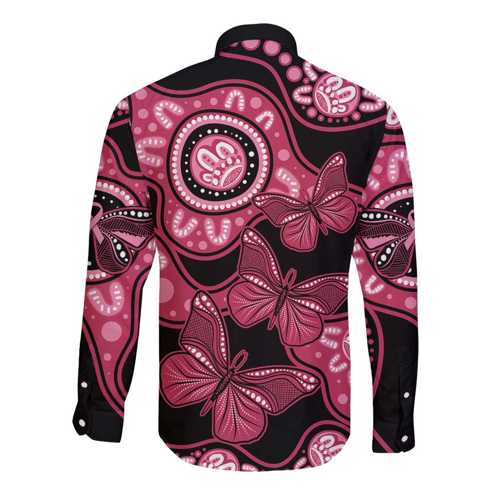 Australia Indigenous Long Sleeve Button Shirt Breast Cancer Black Aboriginal Butterfly