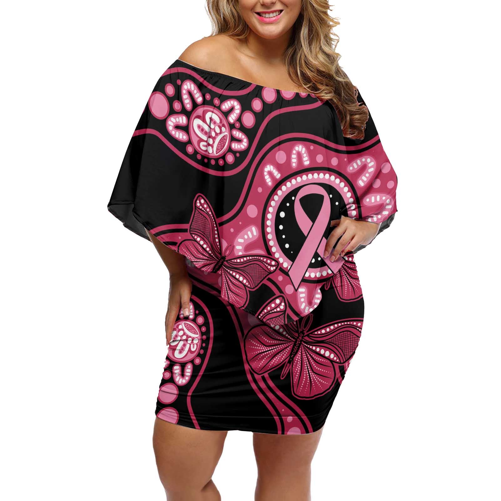 Australia Indigenous Off Shoulder Short Dress Breast Cancer Black Aboriginal Butterfly