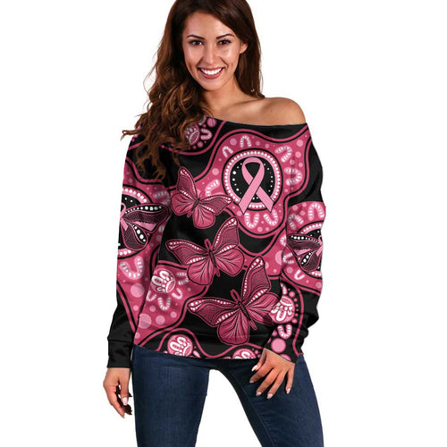 Australia Indigenous Off Shoulder Sweater Breast Cancer Black Aboriginal Butterfly
