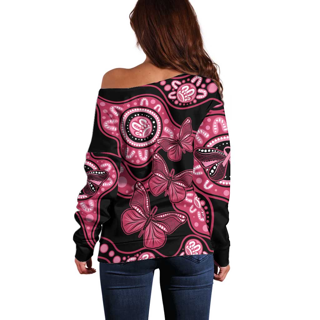 Australia Indigenous Off Shoulder Sweater Breast Cancer Black Aboriginal Butterfly