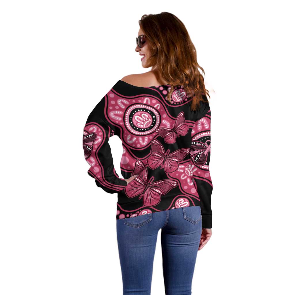 Australia Indigenous Off Shoulder Sweater Breast Cancer Black Aboriginal Butterfly