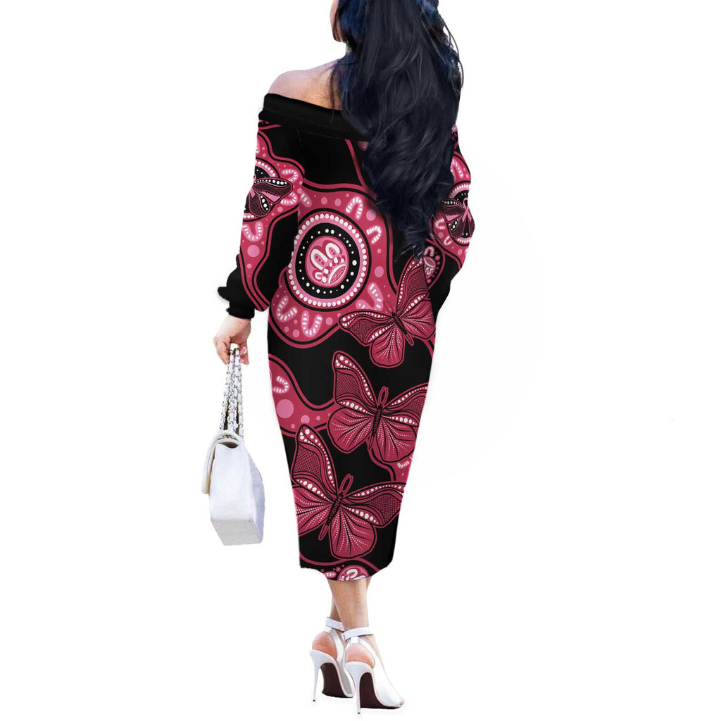 Australia Indigenous Off The Shoulder Long Sleeve Dress Breast Cancer Black Aboriginal Butterfly
