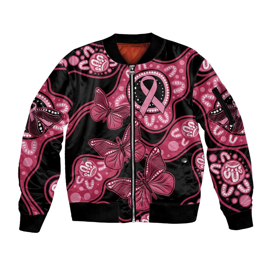 Australia Indigenous Sleeve Zip Bomber Jacket Breast Cancer Black Aboriginal Butterfly