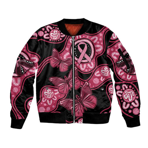 Australia Indigenous Sleeve Zip Bomber Jacket Breast Cancer Black Aboriginal Butterfly