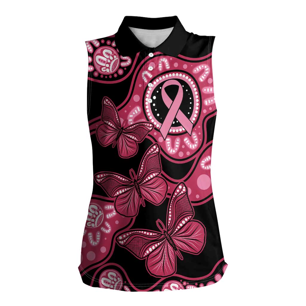Australia Indigenous Women Sleeveless Polo Shirt Breast Cancer Black Aboriginal Butterfly