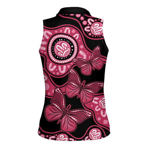 Australia Indigenous Women Sleeveless Polo Shirt Breast Cancer Black Aboriginal Butterfly