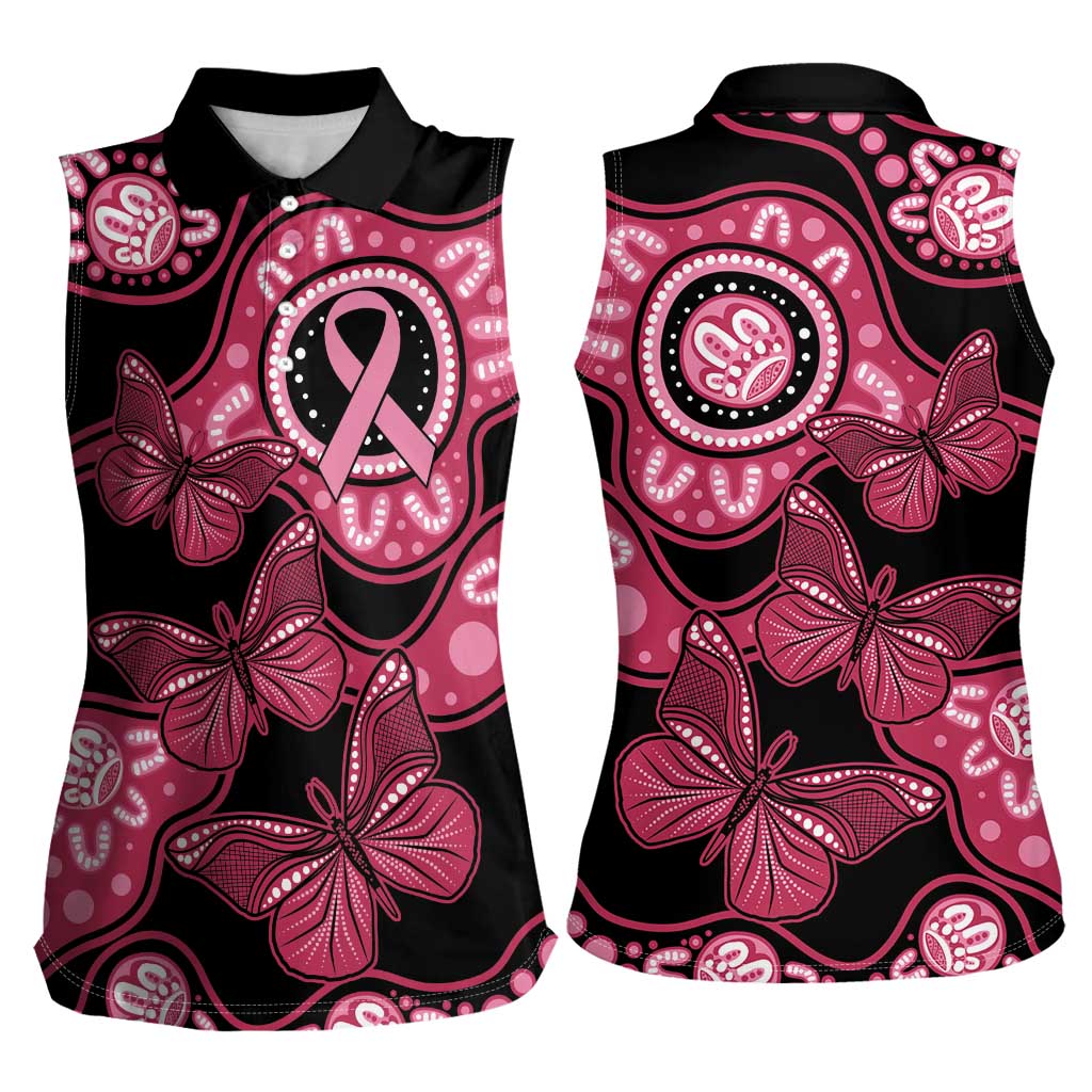 Australia Indigenous Women Sleeveless Polo Shirt Breast Cancer Black Aboriginal Butterfly