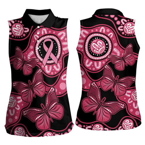 Australia Indigenous Women Sleeveless Polo Shirt Breast Cancer Black Aboriginal Butterfly