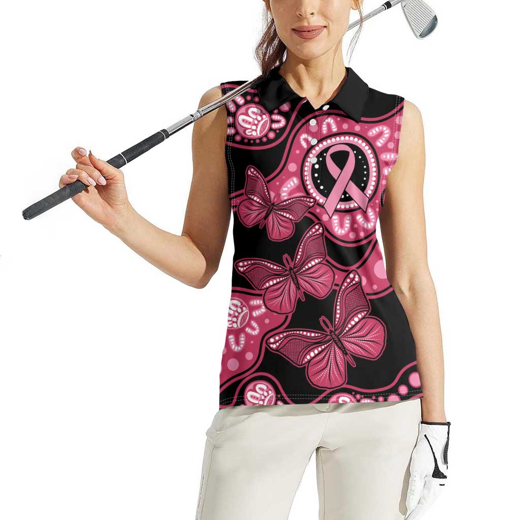 Australia Indigenous Women Sleeveless Polo Shirt Breast Cancer Black Aboriginal Butterfly