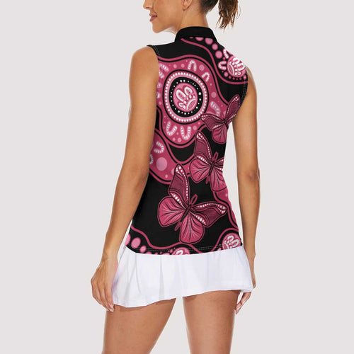 Australia Indigenous Women Sleeveless Polo Shirt Breast Cancer Black Aboriginal Butterfly
