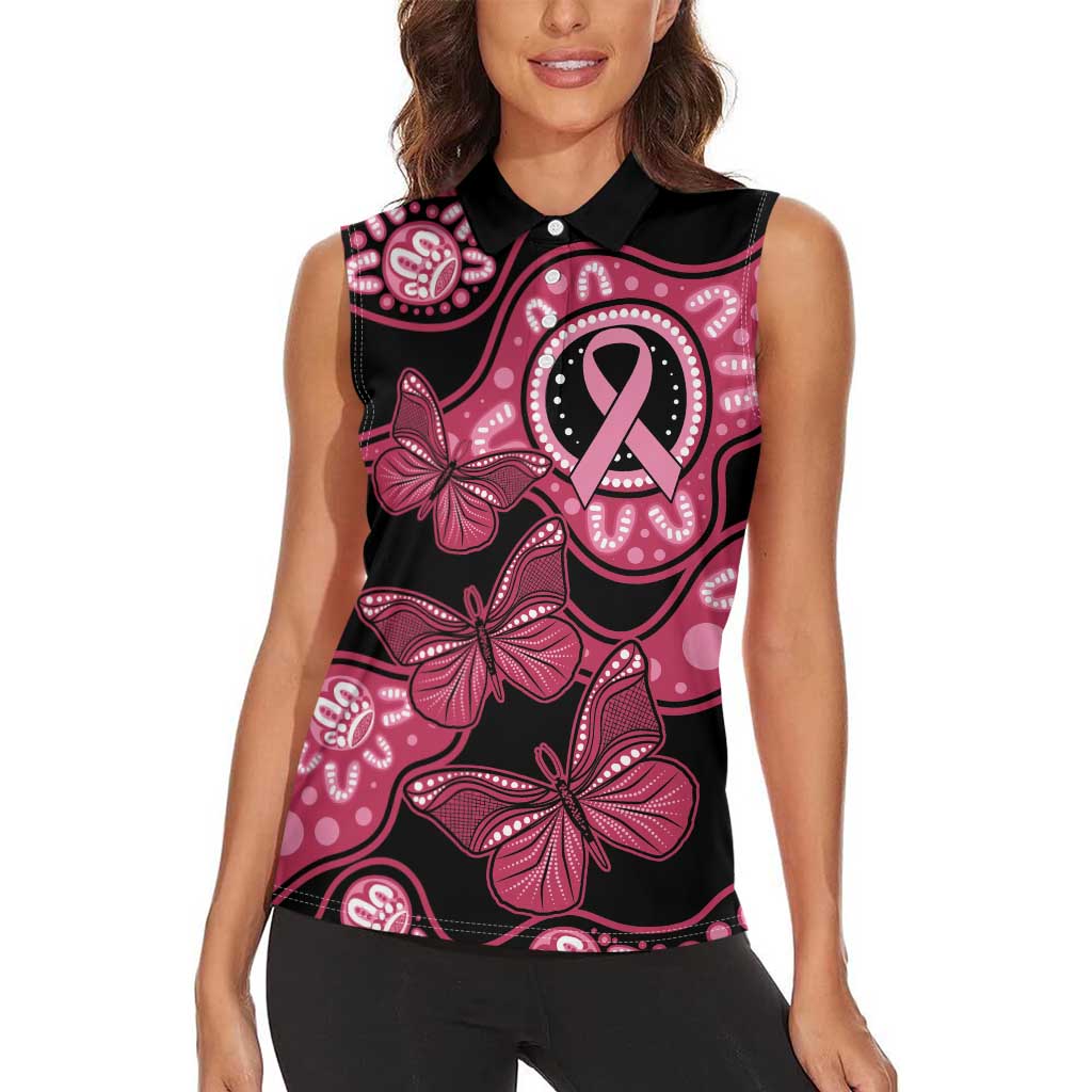 Australia Indigenous Women Sleeveless Polo Shirt Breast Cancer Black Aboriginal Butterfly