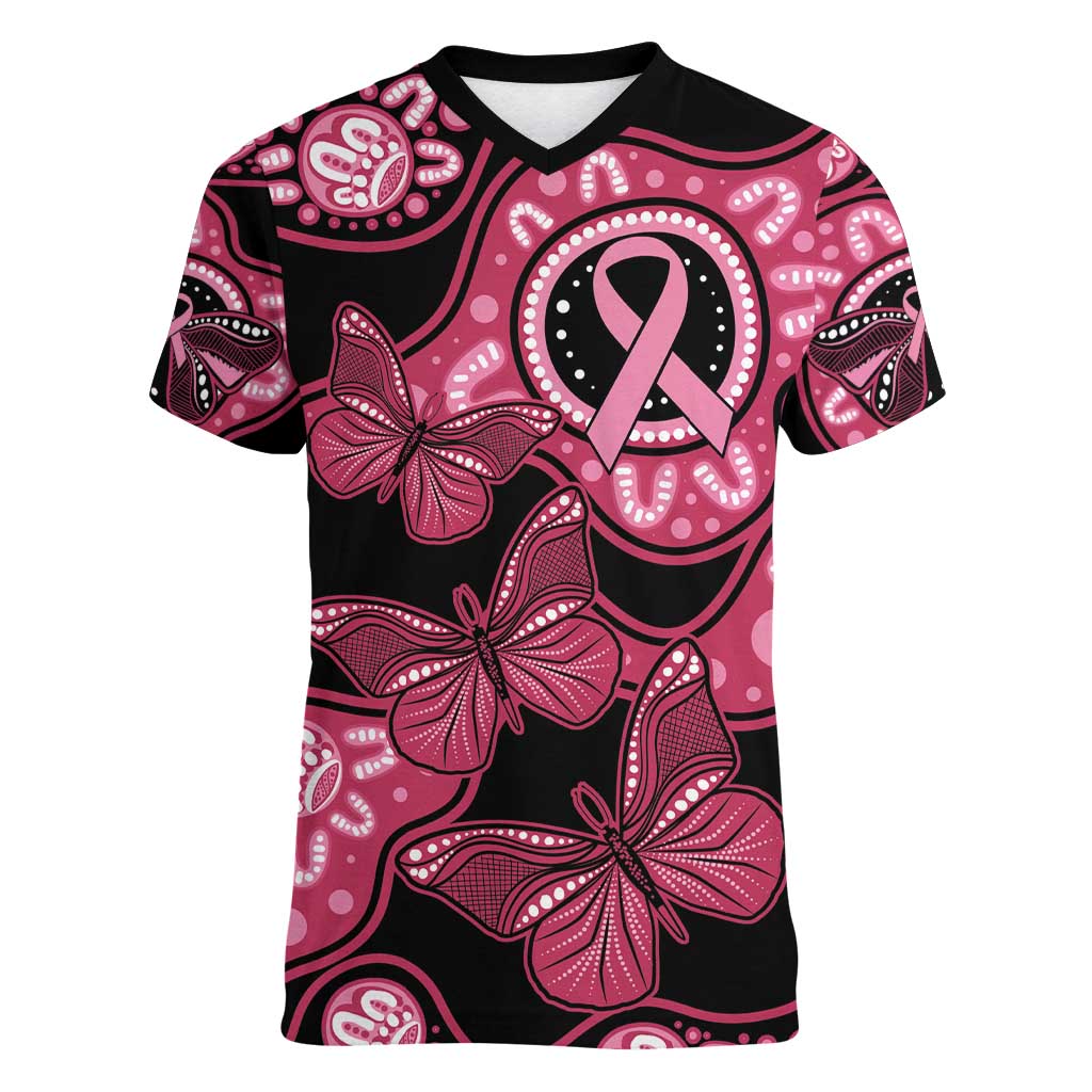 Australia Indigenous Women V-Neck T-Shirt Breast Cancer Black Aboriginal Butterfly