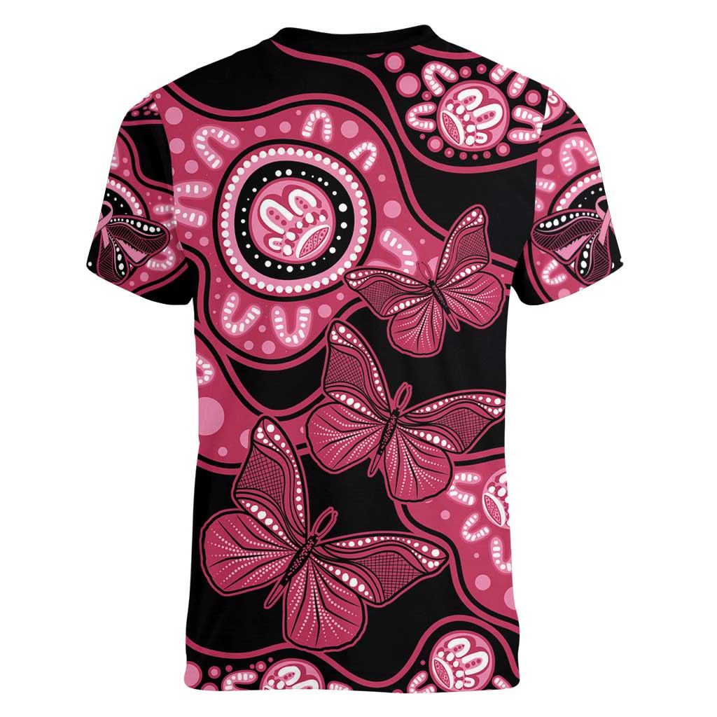 Australia Indigenous Women V-Neck T-Shirt Breast Cancer Black Aboriginal Butterfly