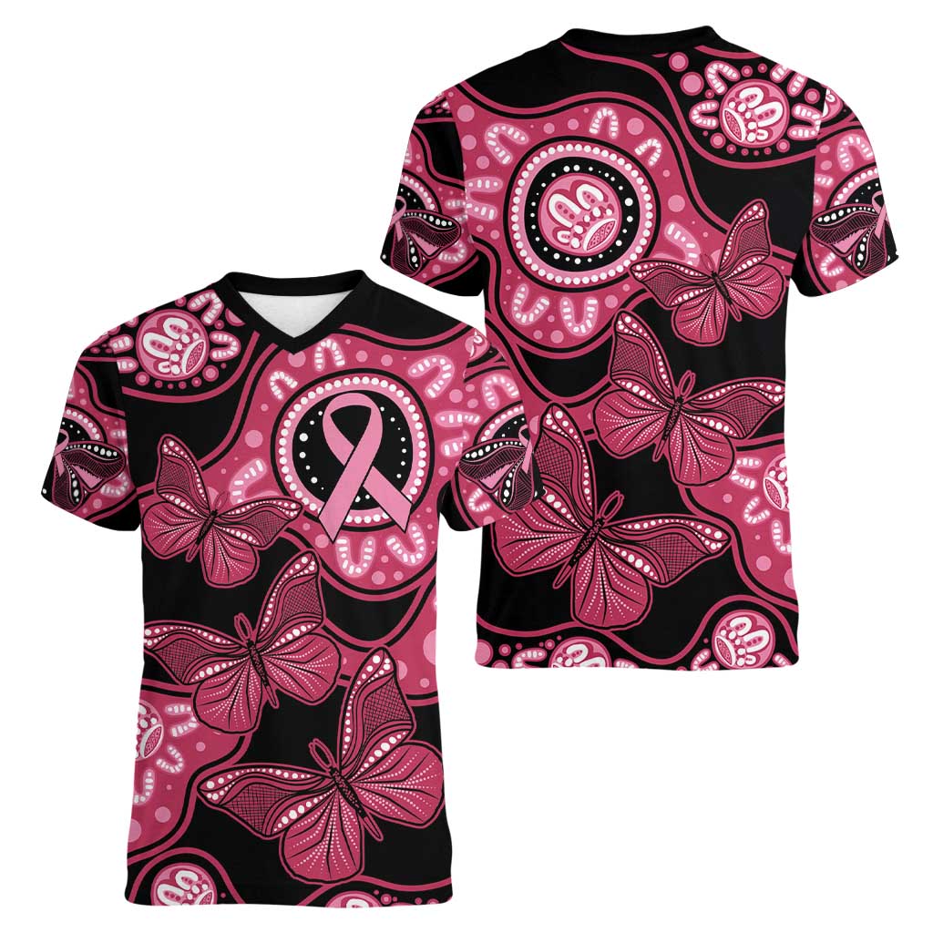 Australia Indigenous Women V-Neck T-Shirt Breast Cancer Black Aboriginal Butterfly