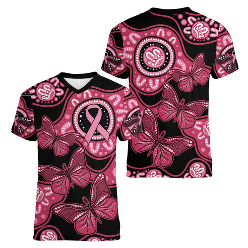 Australia Indigenous Women V-Neck T-Shirt Breast Cancer Black Aboriginal Butterfly