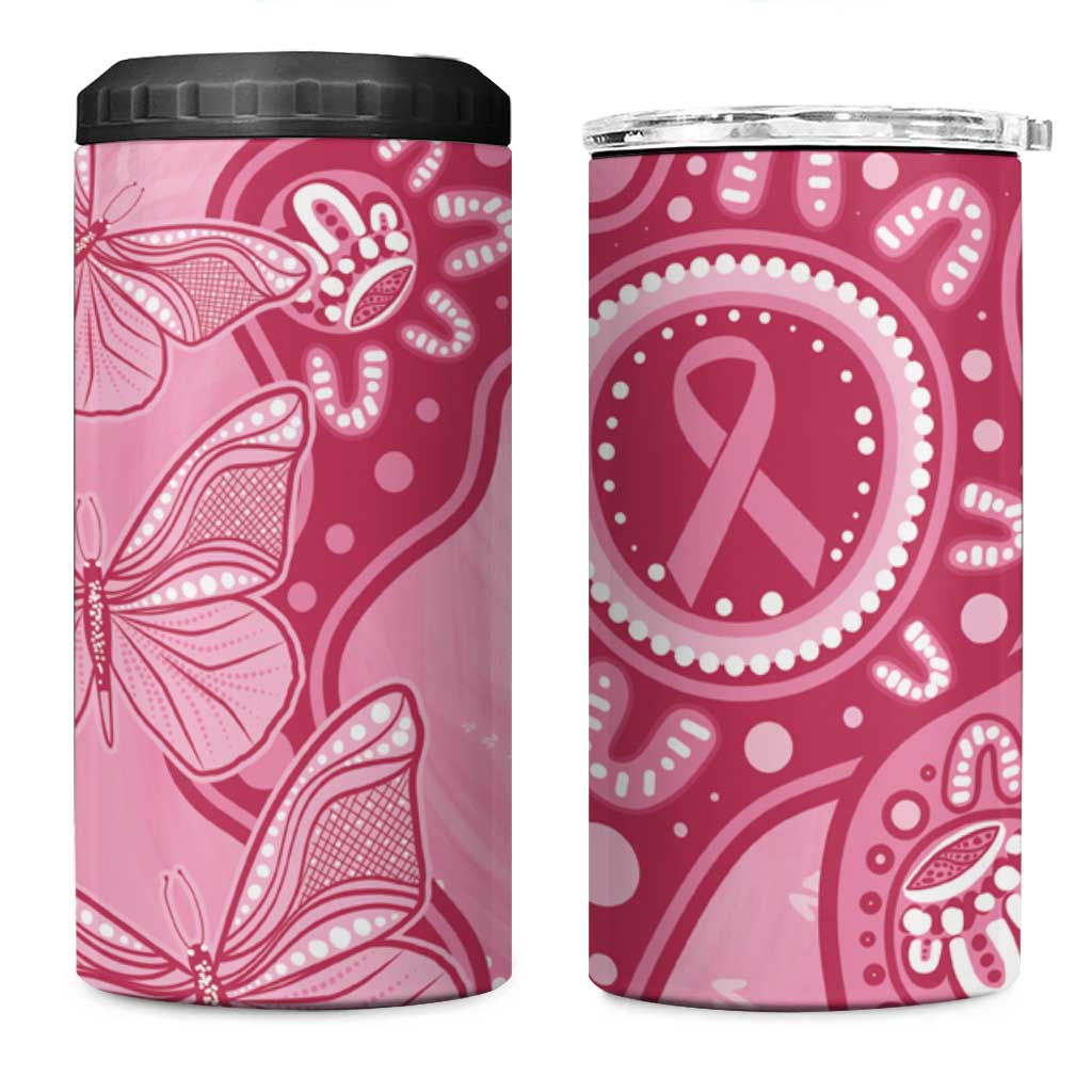 Australia Indigenous 4 in 1 Can Cooler Tumbler Breast Cancer Pink Aboriginal Butterfly