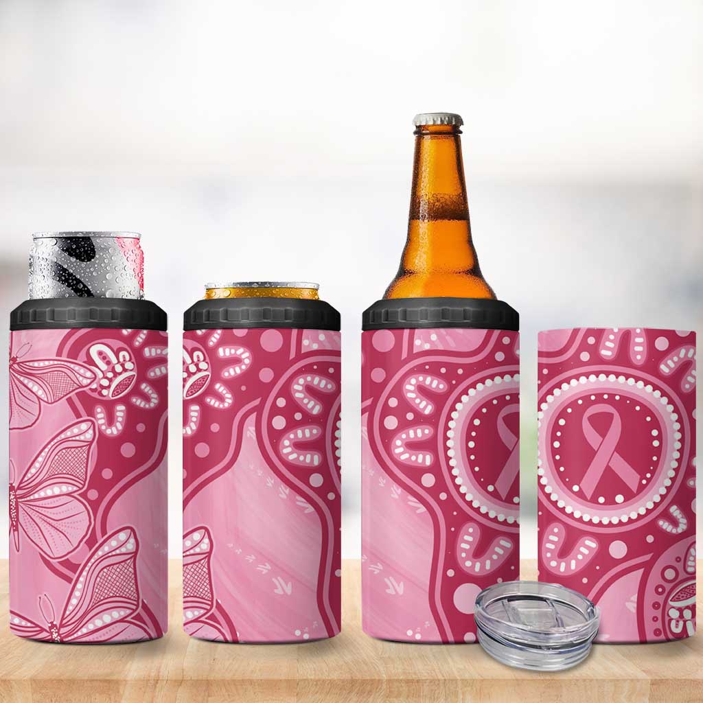 Australia Indigenous 4 in 1 Can Cooler Tumbler Breast Cancer Pink Aboriginal Butterfly