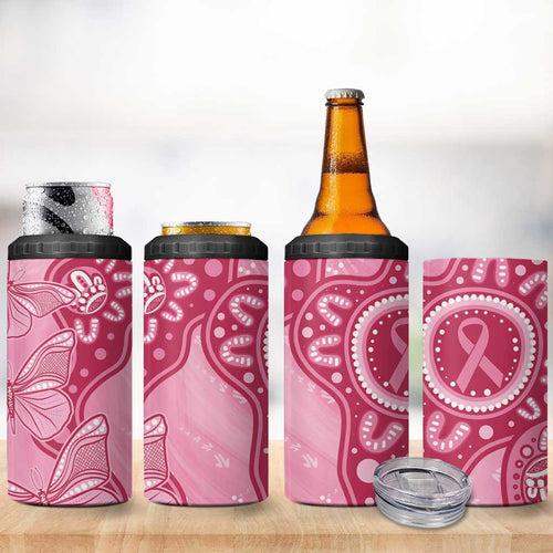 Australia Indigenous 4 in 1 Can Cooler Tumbler Breast Cancer Pink Aboriginal Butterfly