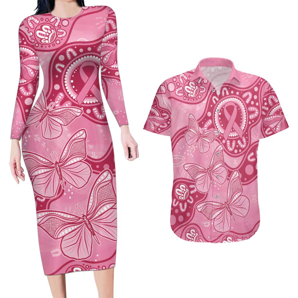 Australia Indigenous Couples Matching Long Sleeve Bodycon Dress and Hawaiian Shirt Breast Cancer Pink Aboriginal Butterfly