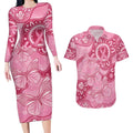 Australia Indigenous Couples Matching Long Sleeve Bodycon Dress and Hawaiian Shirt Breast Cancer Pink Aboriginal Butterfly