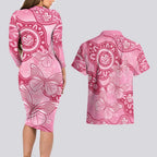 Australia Indigenous Couples Matching Long Sleeve Bodycon Dress and Hawaiian Shirt Breast Cancer Pink Aboriginal Butterfly