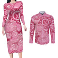 Australia Indigenous Couples Matching Long Sleeve Bodycon Dress and Long Sleeve Button Shirt Breast Cancer Pink Aboriginal Butterfly