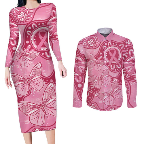 Australia Indigenous Couples Matching Long Sleeve Bodycon Dress and Long Sleeve Button Shirt Breast Cancer Pink Aboriginal Butterfly