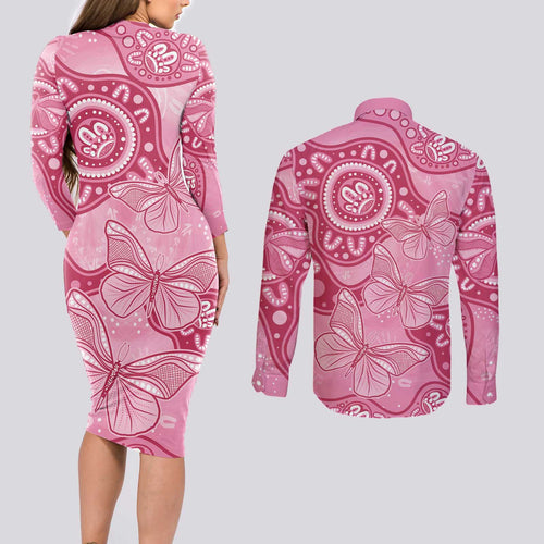 Australia Indigenous Couples Matching Long Sleeve Bodycon Dress and Long Sleeve Button Shirt Breast Cancer Pink Aboriginal Butterfly
