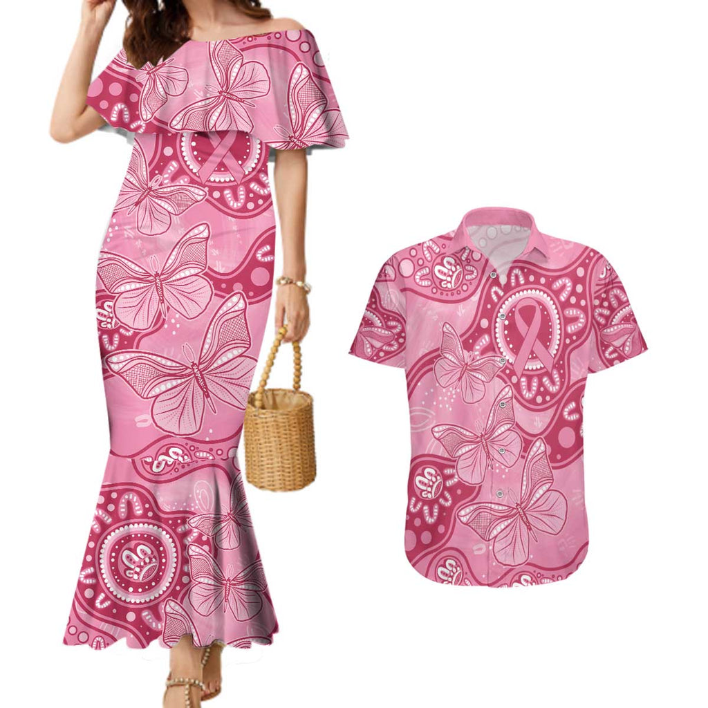 Australia Indigenous Couples Matching Mermaid Dress and Hawaiian Shirt Breast Cancer Pink Aboriginal Butterfly