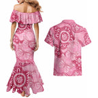 Australia Indigenous Couples Matching Mermaid Dress and Hawaiian Shirt Breast Cancer Pink Aboriginal Butterfly
