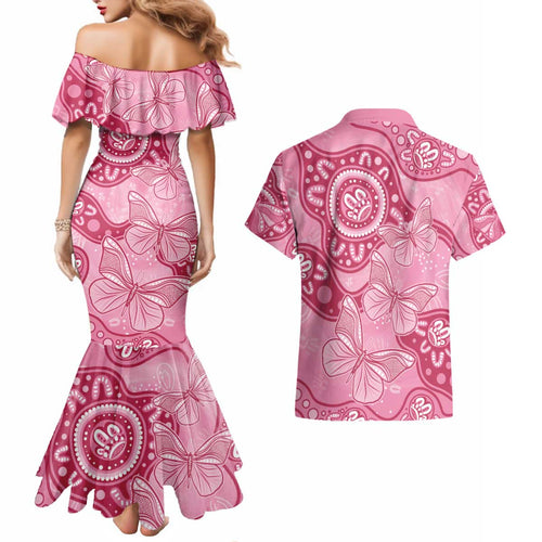 Australia Indigenous Couples Matching Mermaid Dress and Hawaiian Shirt Breast Cancer Pink Aboriginal Butterfly