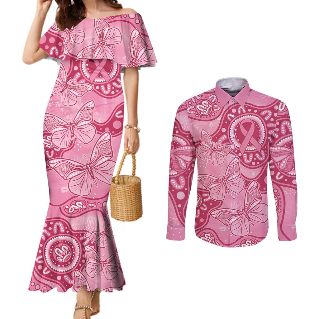 Australia Indigenous Couples Matching Mermaid Dress and Long Sleeve Button Shirt Breast Cancer Pink Aboriginal Butterfly