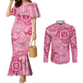 Australia Indigenous Couples Matching Mermaid Dress and Long Sleeve Button Shirt Breast Cancer Pink Aboriginal Butterfly